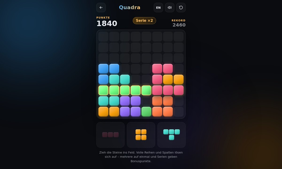 Quadra — Block-Puzzle auf quadratischem Raster, mit AI-Agents im Browser entwickelt